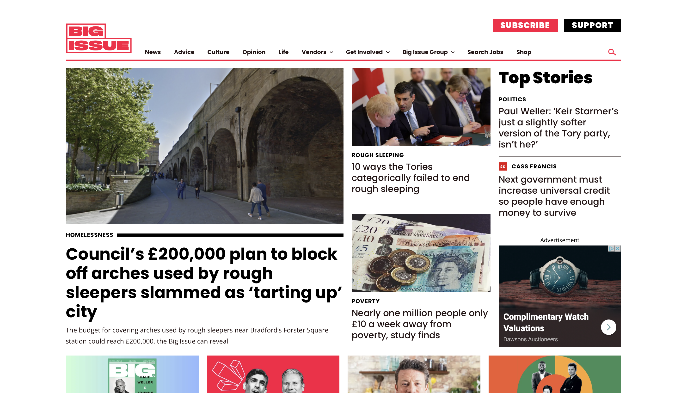 A screenshot of the Big Issue website homepage covering their latest politics and public interest news stories.