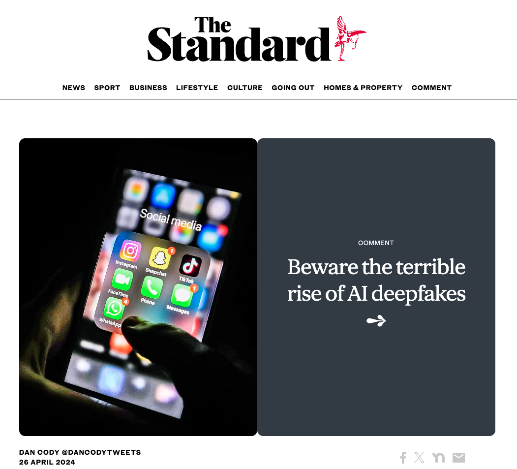 a screenshot from The Standard website which reads 'Beware the terrible rise of AI deepfakes'