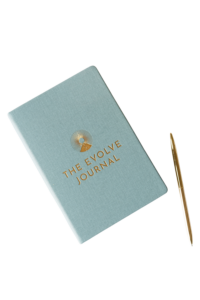 The Evolve Journal, which is a light blue, cloth-bound slim book with gold etching of the logo and name, pictured with a gold pen.